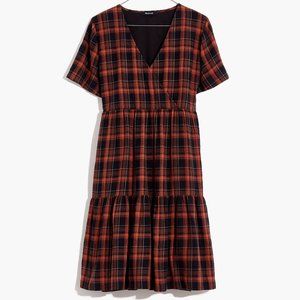 NWT Madewell Plaid Faux-Wrap Short-Sleeve Tiered Mini Dress, Sz XXS